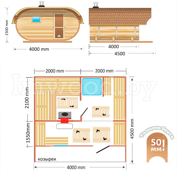 План бани, модель овало-бочка 4x4,5 метров 
