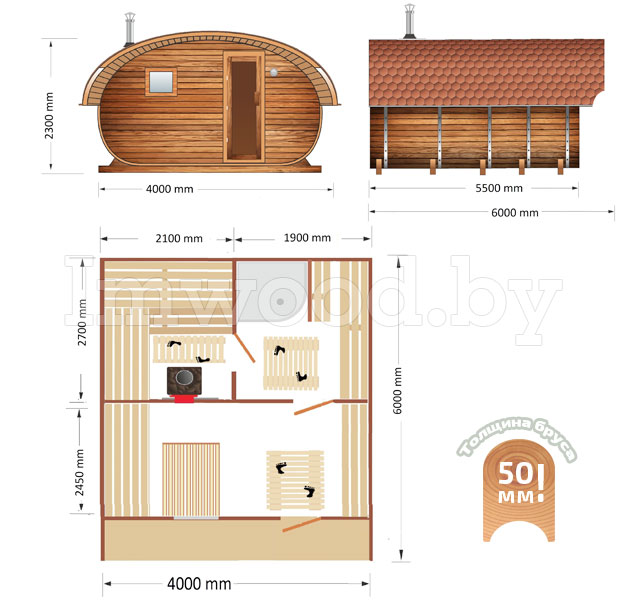 План бани, модель овало-бочка 3x5 метров 