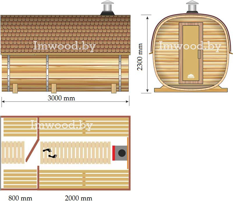 План бани, модель квадро-бочка 3 метра 