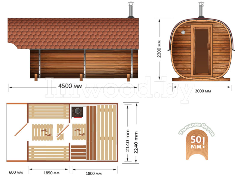 План бани, модель квадро-бочка 4,5 метра 