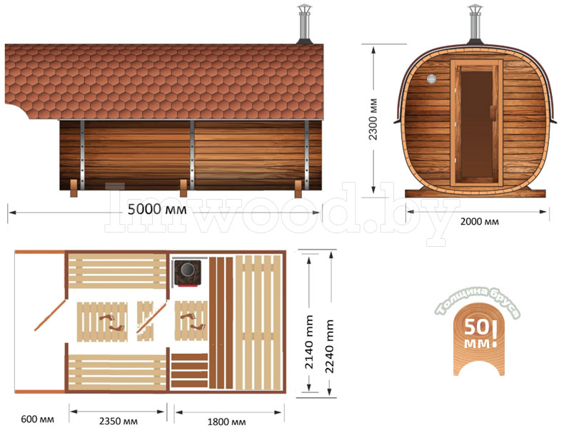 План бани, модель квадро-бочка 5 метров 