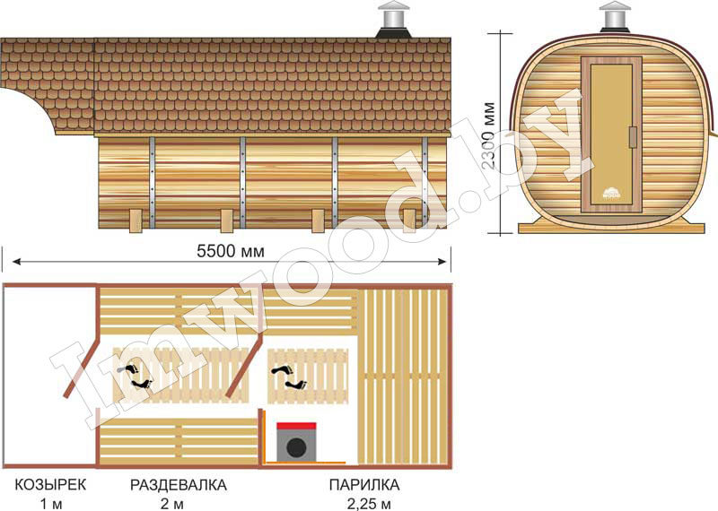 План бани, модель квадро-бочка 5,5 метров 