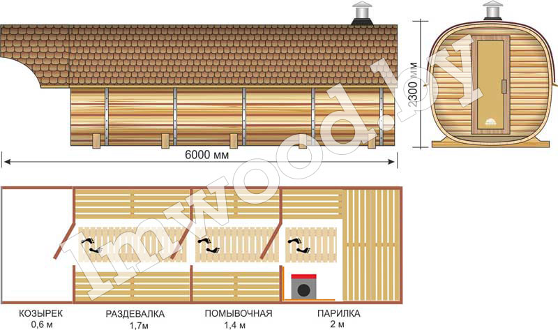 План бани, модель квадро-бочка 6 метров 