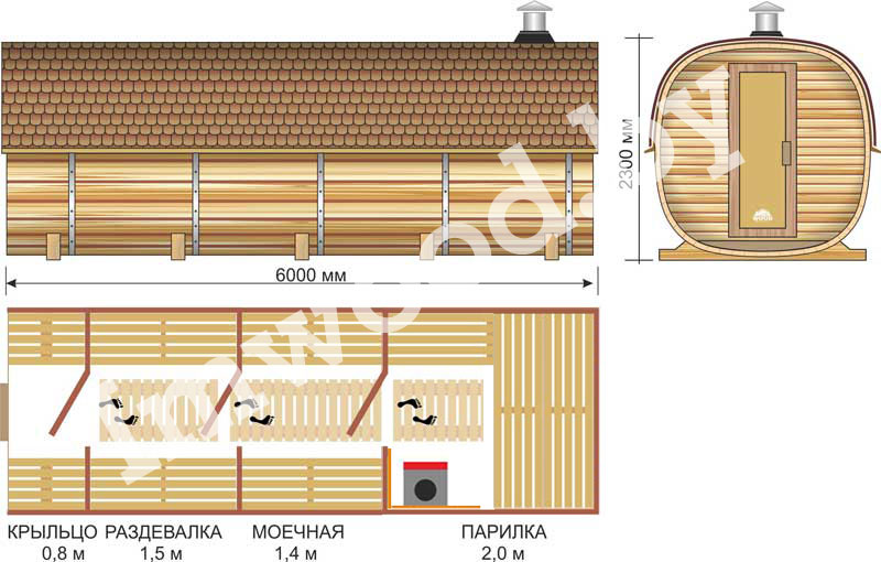 План бани, модель квадро-бочка 6 метров 