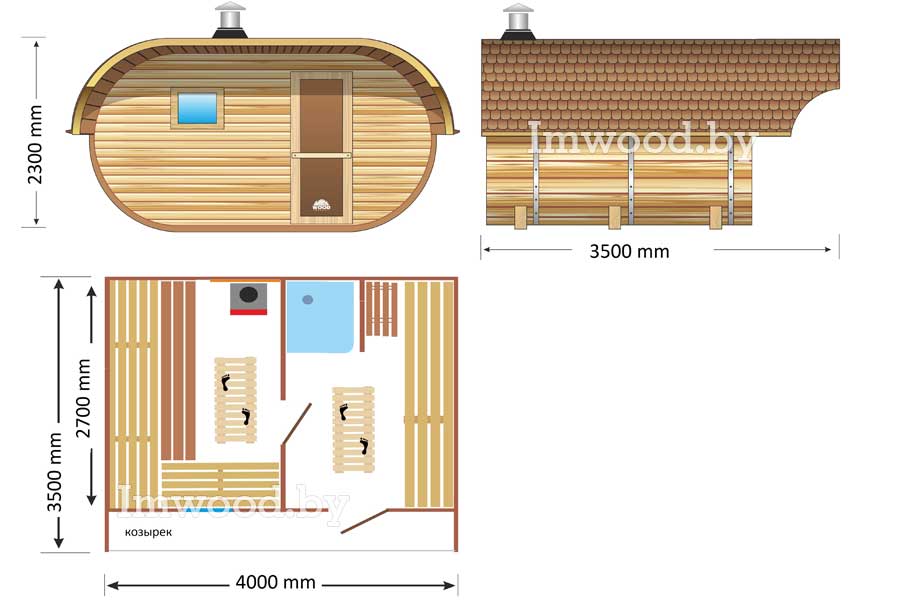 План бани, модель овало-бочка 3,5x4 метра с козырьком
