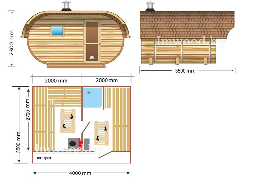 План бани, модель овало-бочка 3,5x4 метра с козырьком