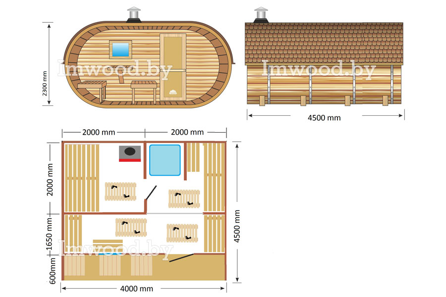 План бани, модель овало-бочка 4x4,5 метров 