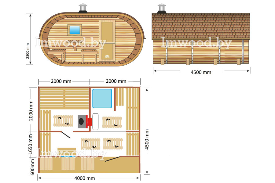 План бани, модель овало-бочка 4x4,5 метров 