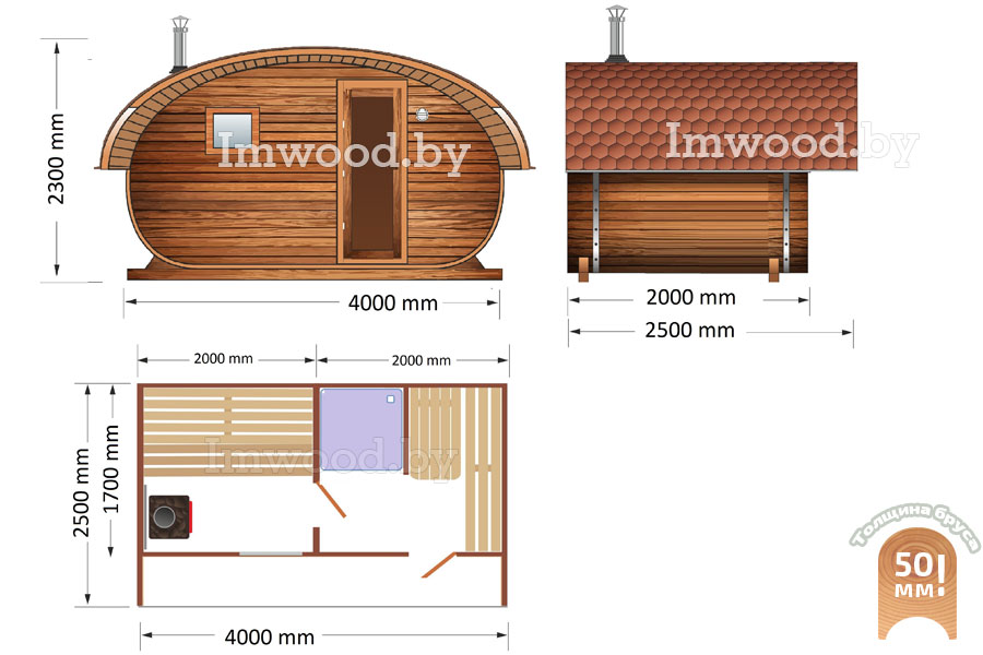 План бани, модель овало-бочка 2,5x4 метра 