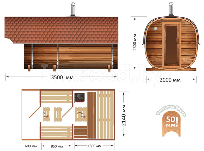 План бани, модель квадро-бочка 3,5 метра 