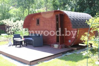 Фото бани овало-бочки, модель 3x5 метров - у нас вы можете купить баню овало-бочку в Минске с доставкой по всей Беларуси!